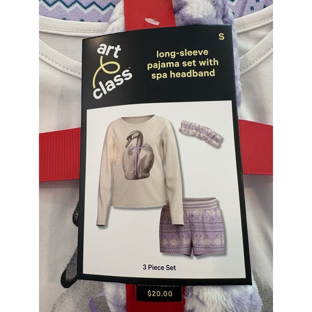 art class Girls 3pc Long Sleeve Swan Graphic Pajama Set + Spa Headband Small NWT